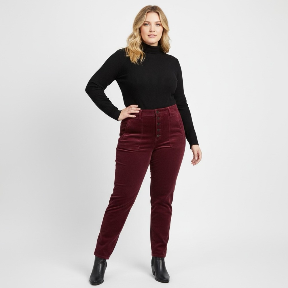 American Eagle Super Stretch Corduroy Pants Burgundy Button Fly Slim Size 18